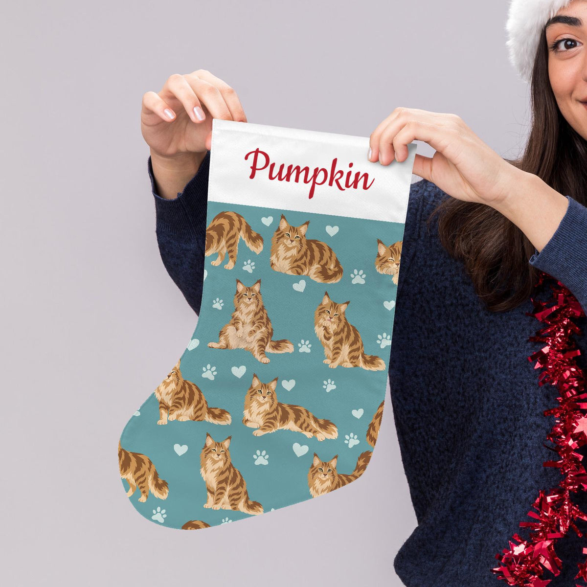 Maine Coon Christmas stocking on muted teal background with example name Pumpkin in red script on the white cuff; view 5.