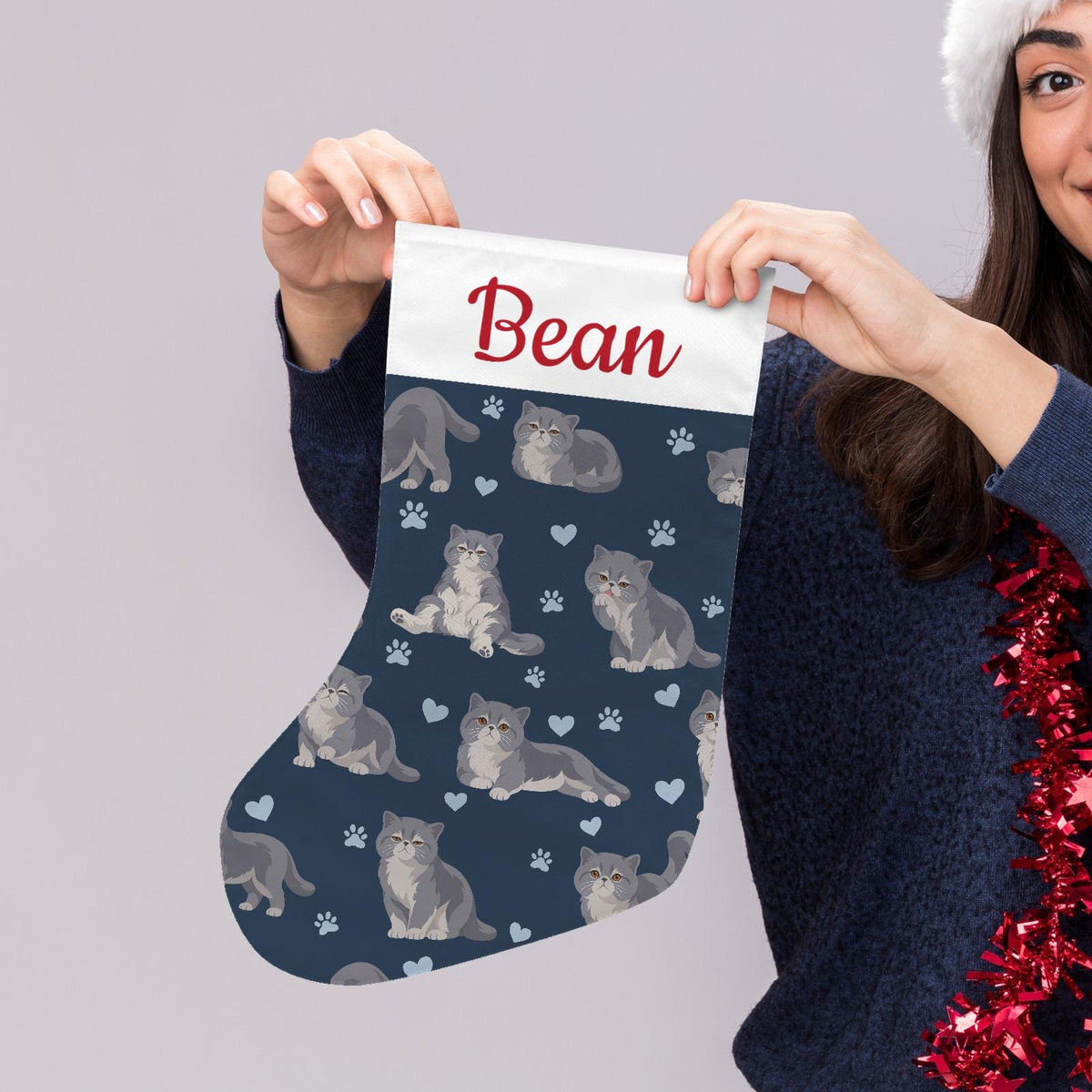 Exotic Shorthair Christmas stocking on deep navy background with example name Bean in red script on the white cuff; view 5.