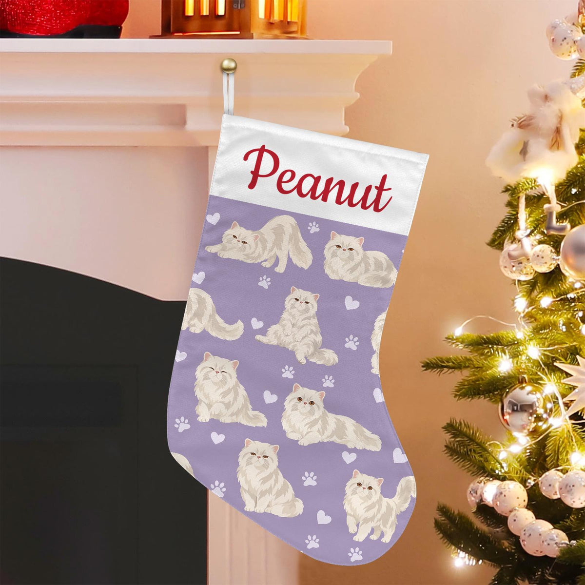Persian Christmas stocking on soft lavender background with example name Peanut in red script on the white cuff; view 1.
