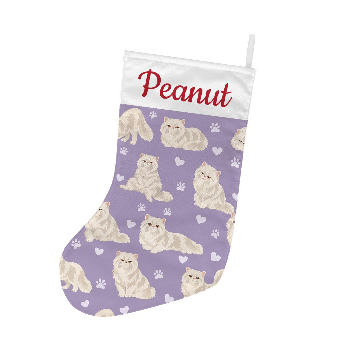 Persian Christmas stocking on soft lavender background with example name Peanut in red script on the white cuff; view 2.