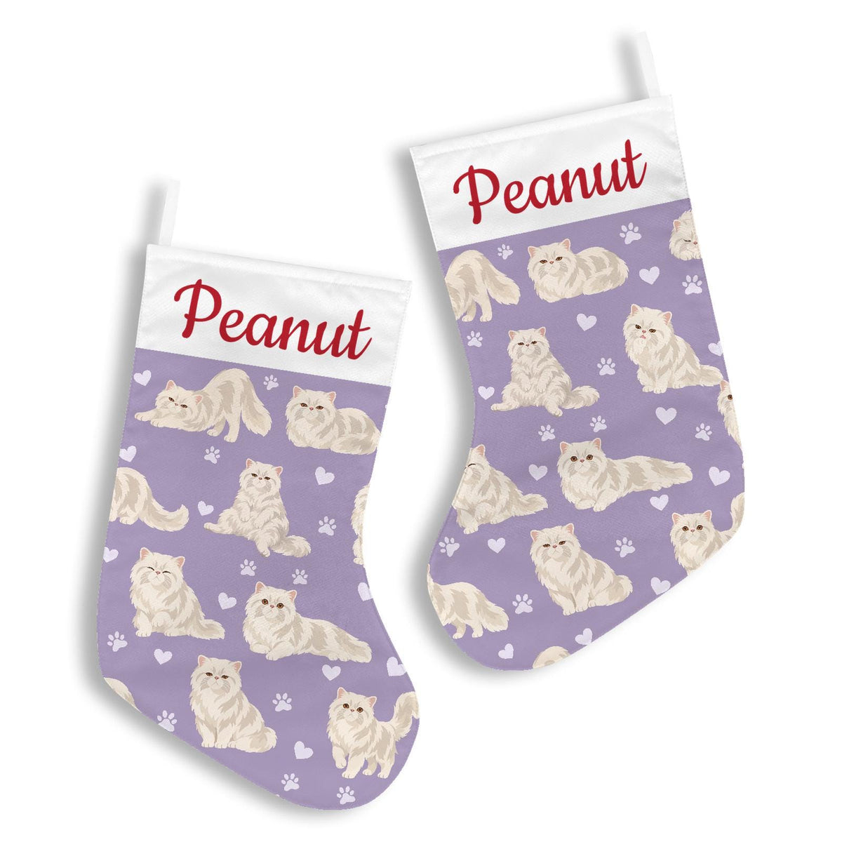 Persian Christmas stocking on soft lavender background with example name Peanut in red script on the white cuff; view 3.