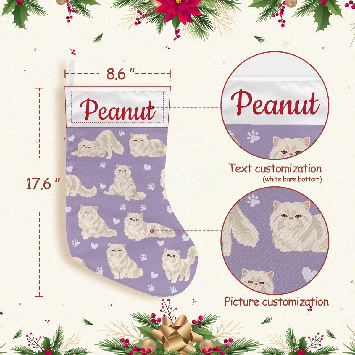 Persian Christmas stocking on soft lavender background with example name Peanut in red script on the white cuff; view 4.