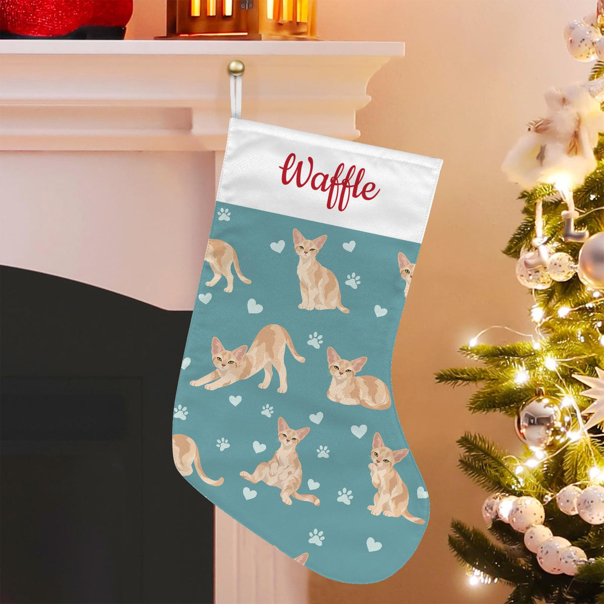 Devon Rex Christmas stocking on muted teal background with example name Waffle in red script on the white cuff; view 1.