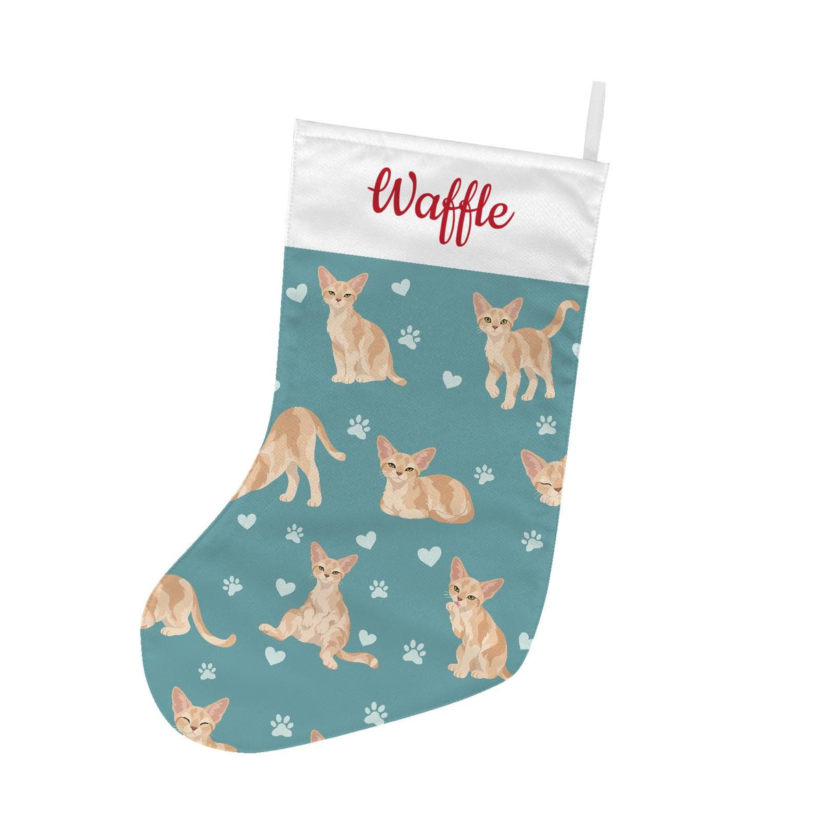 Devon Rex Christmas stocking on muted teal background with example name Waffle in red script on the white cuff; view 2.