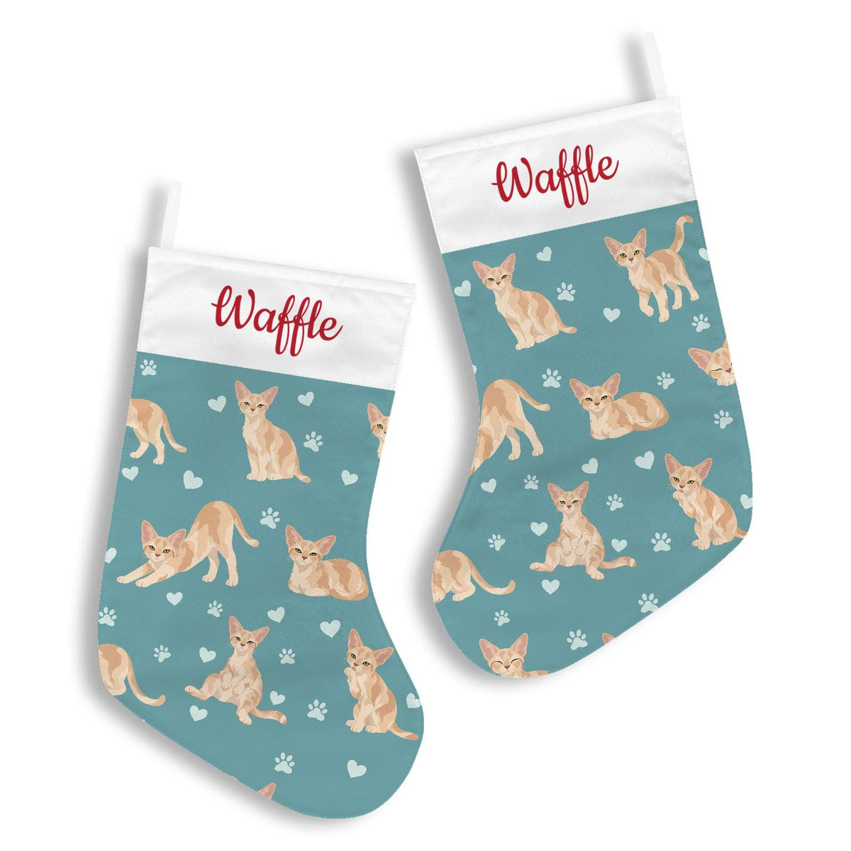 Devon Rex Christmas stocking on muted teal background with example name Waffle in red script on the white cuff; view 3.