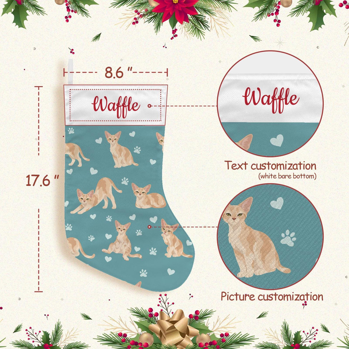 Devon Rex Christmas stocking on muted teal background with example name Waffle in red script on the white cuff; view 4.