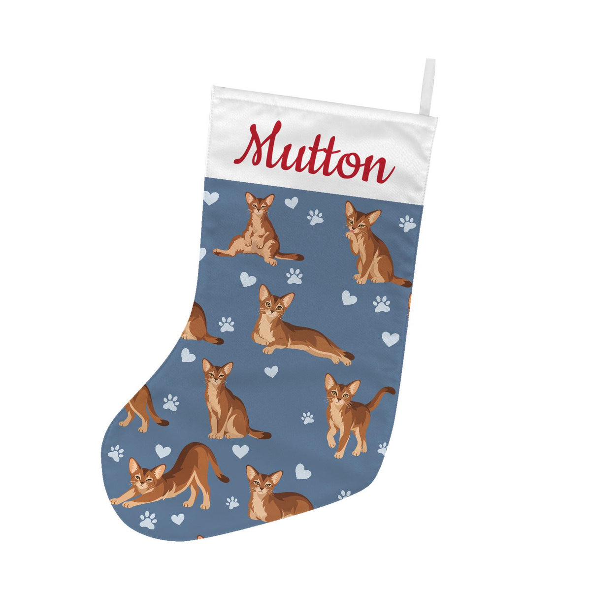 Abyssinian Christmas stocking on slate blue background with example name Mutton in red script on the white cuff; view 2.