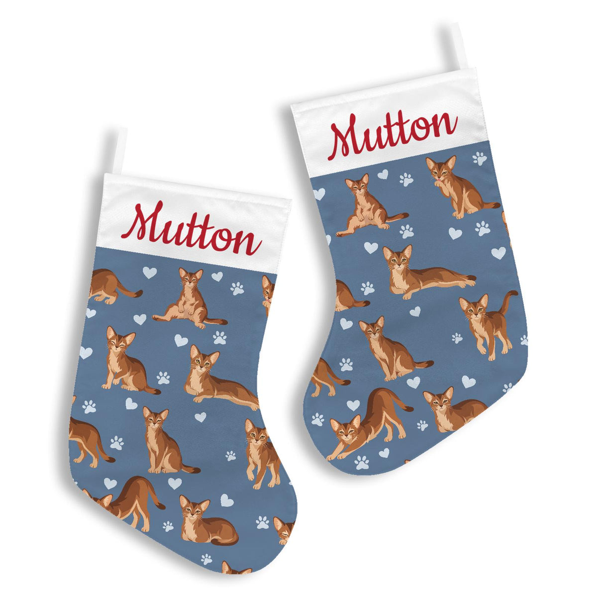Abyssinian Christmas stocking on slate blue background with example name Mutton in red script on the white cuff; view 3.