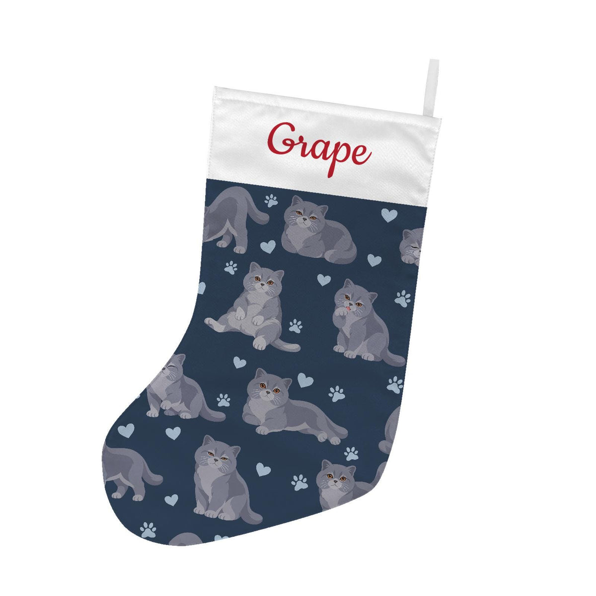 British Shorthair Christmas stocking on deep navy background with example name Grape in red script on the white cuff; view 2.