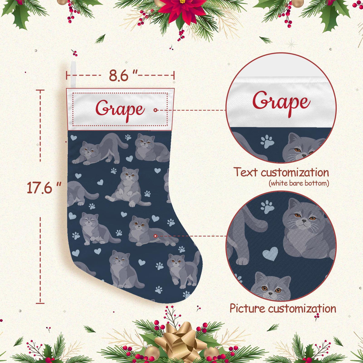 British Shorthair Christmas stocking on deep navy background with example name Grape in red script on the white cuff; view 4.