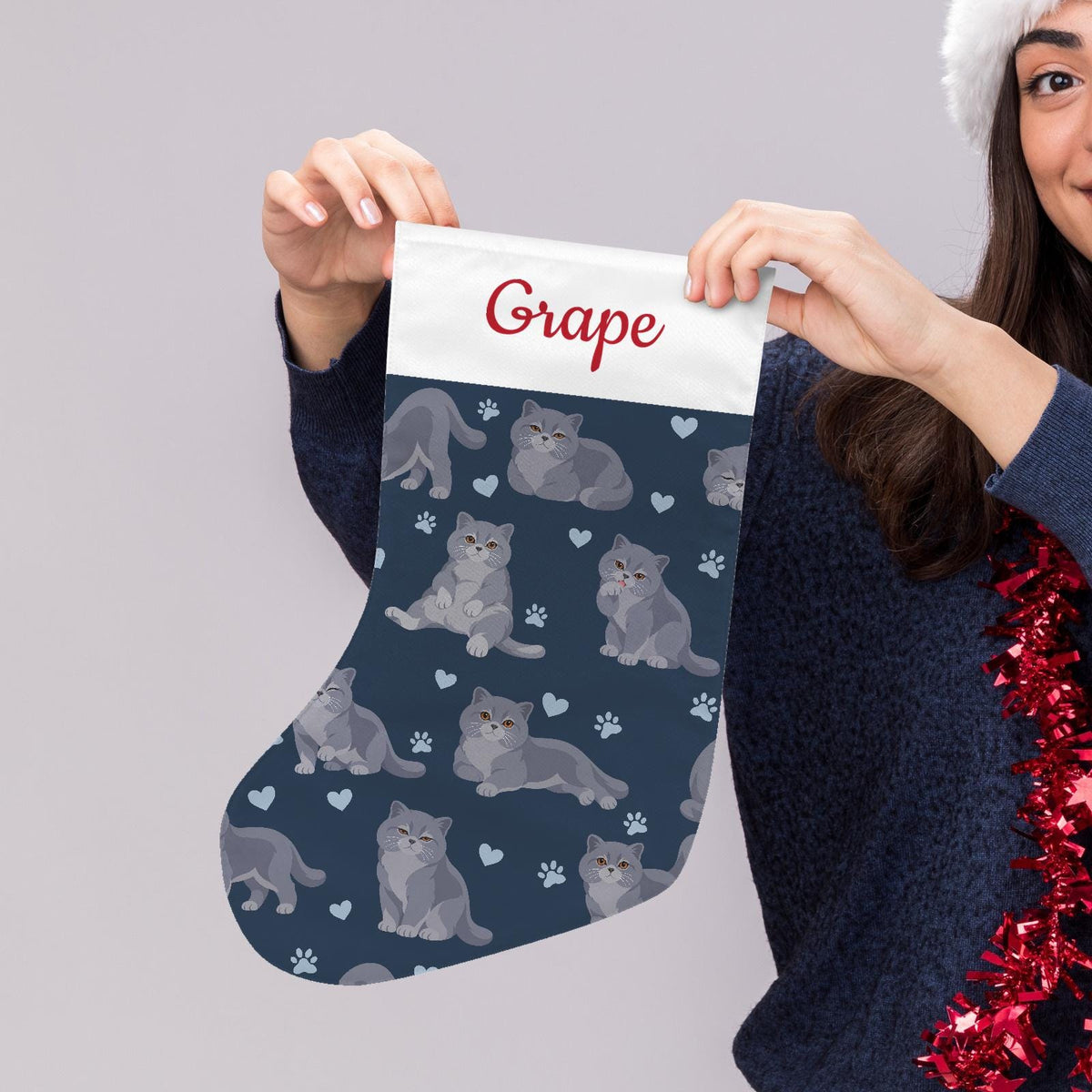 British Shorthair Christmas stocking on deep navy background with example name Grape in red script on the white cuff; view 5.