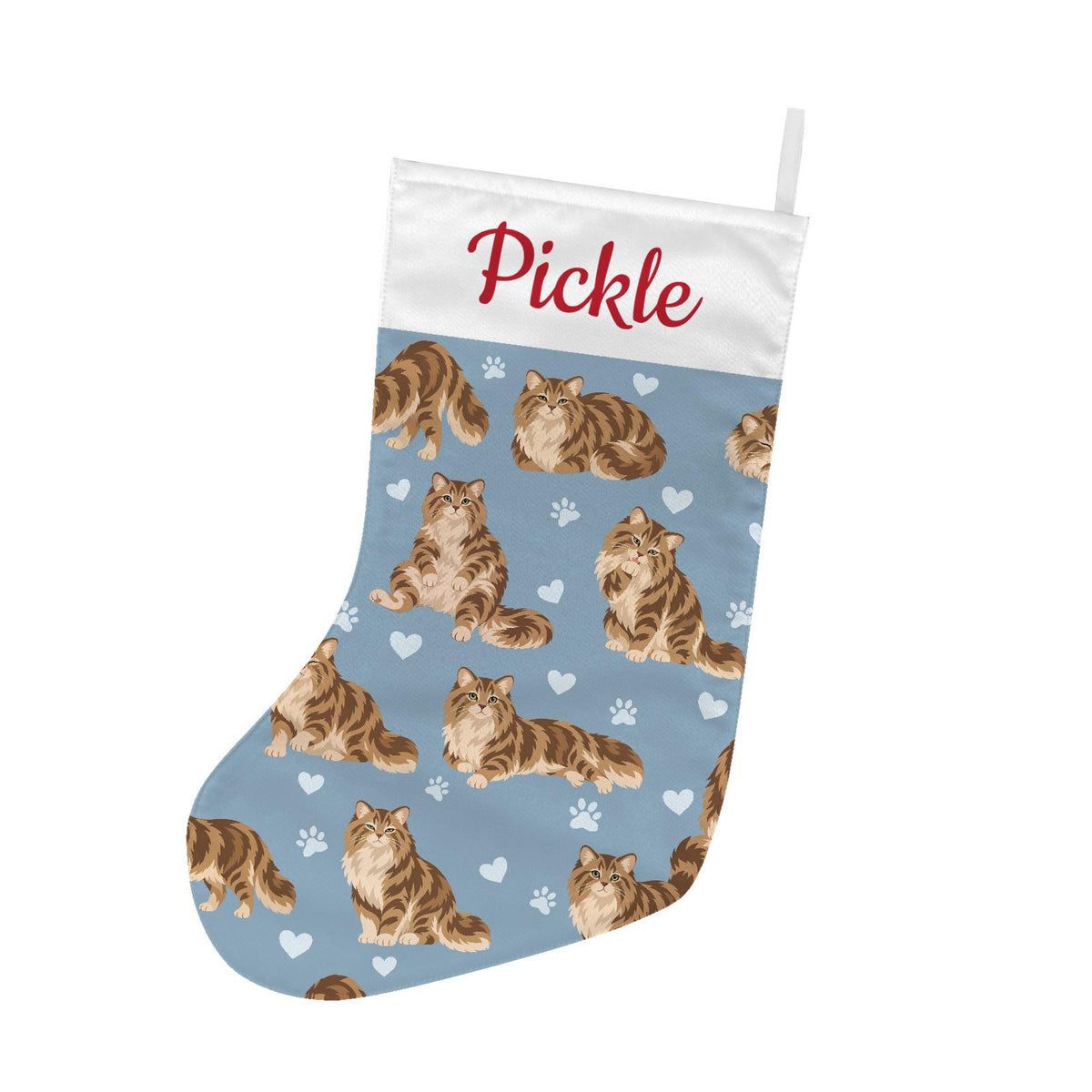 Siberian Christmas stocking on dusty blue background with example name Pickle in red script on the white cuff; view 2.