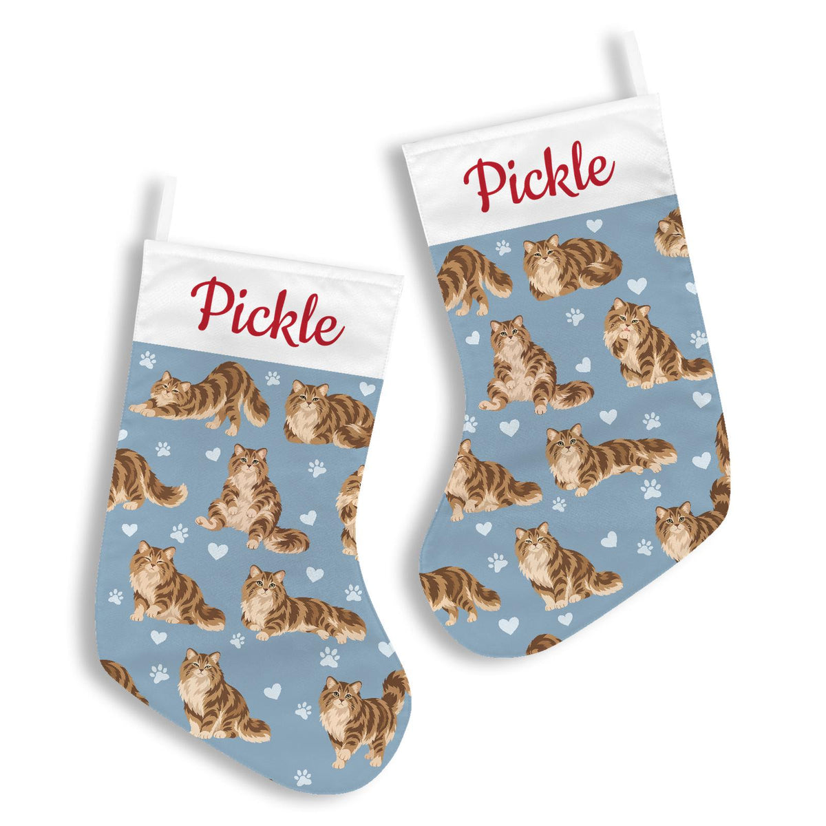 Siberian Christmas stocking on dusty blue background with example name Pickle in red script on the white cuff; view 3.