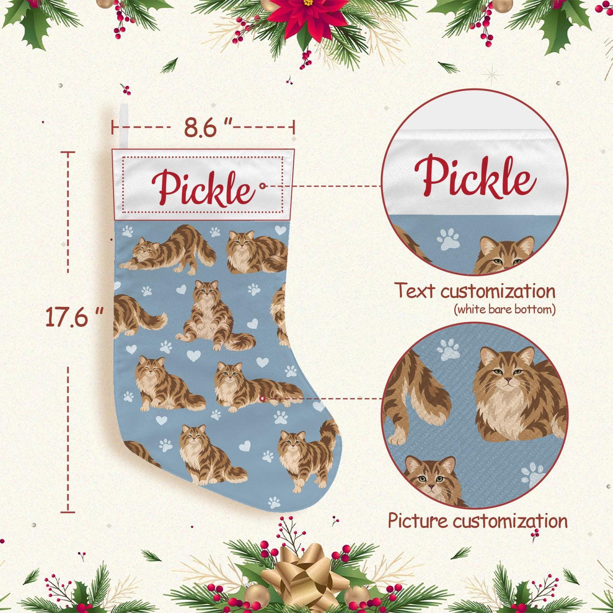 Siberian Christmas stocking on dusty blue background with example name Pickle in red script on the white cuff; view 4.