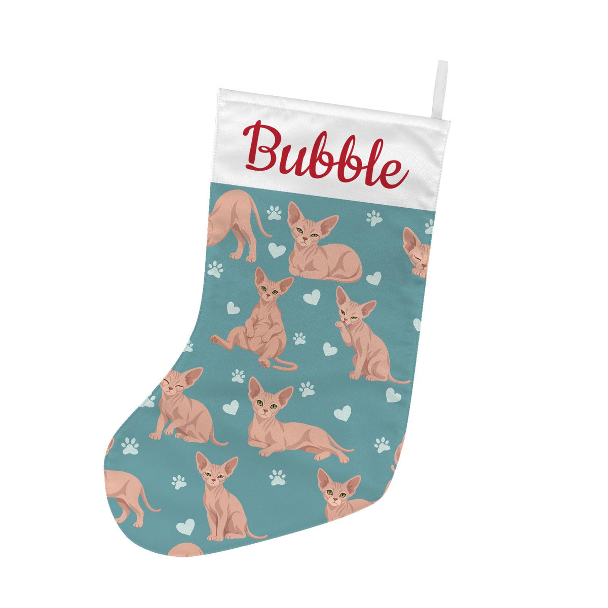 Sphynx Christmas stocking on muted teal background with example name Bubble in red script on the white cuff; view 2.