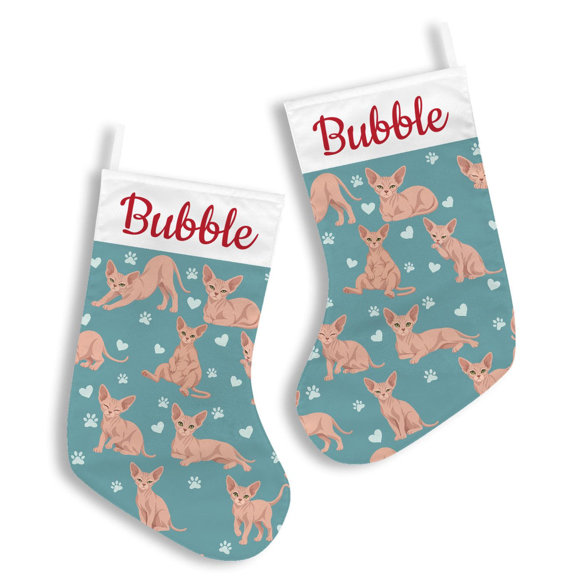 Sphynx Christmas stocking on muted teal background with example name Bubble in red script on the white cuff; view 3.