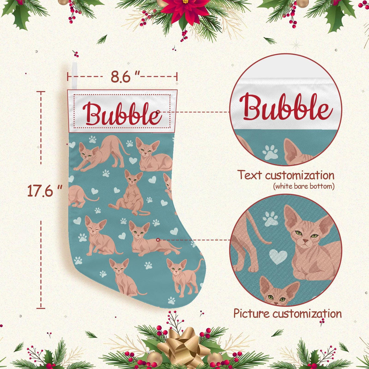 Sphynx Christmas stocking on muted teal background with example name Bubble in red script on the white cuff; view 4.