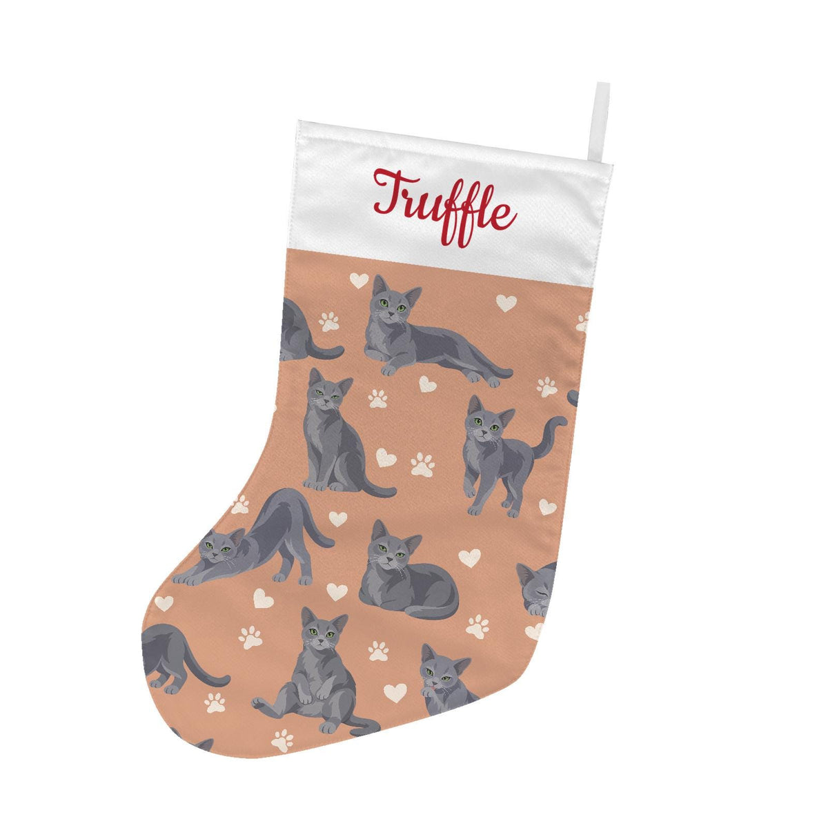 Russian Blue Christmas stocking on peach background with example name Truffle in red script on the white cuff; view 2.