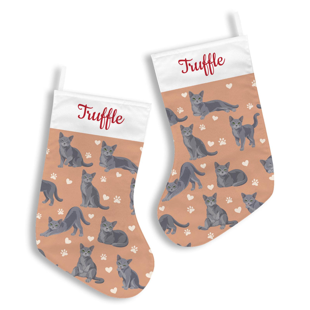 Russian Blue Christmas stocking on peach background with example name Truffle in red script on the white cuff; view 3.