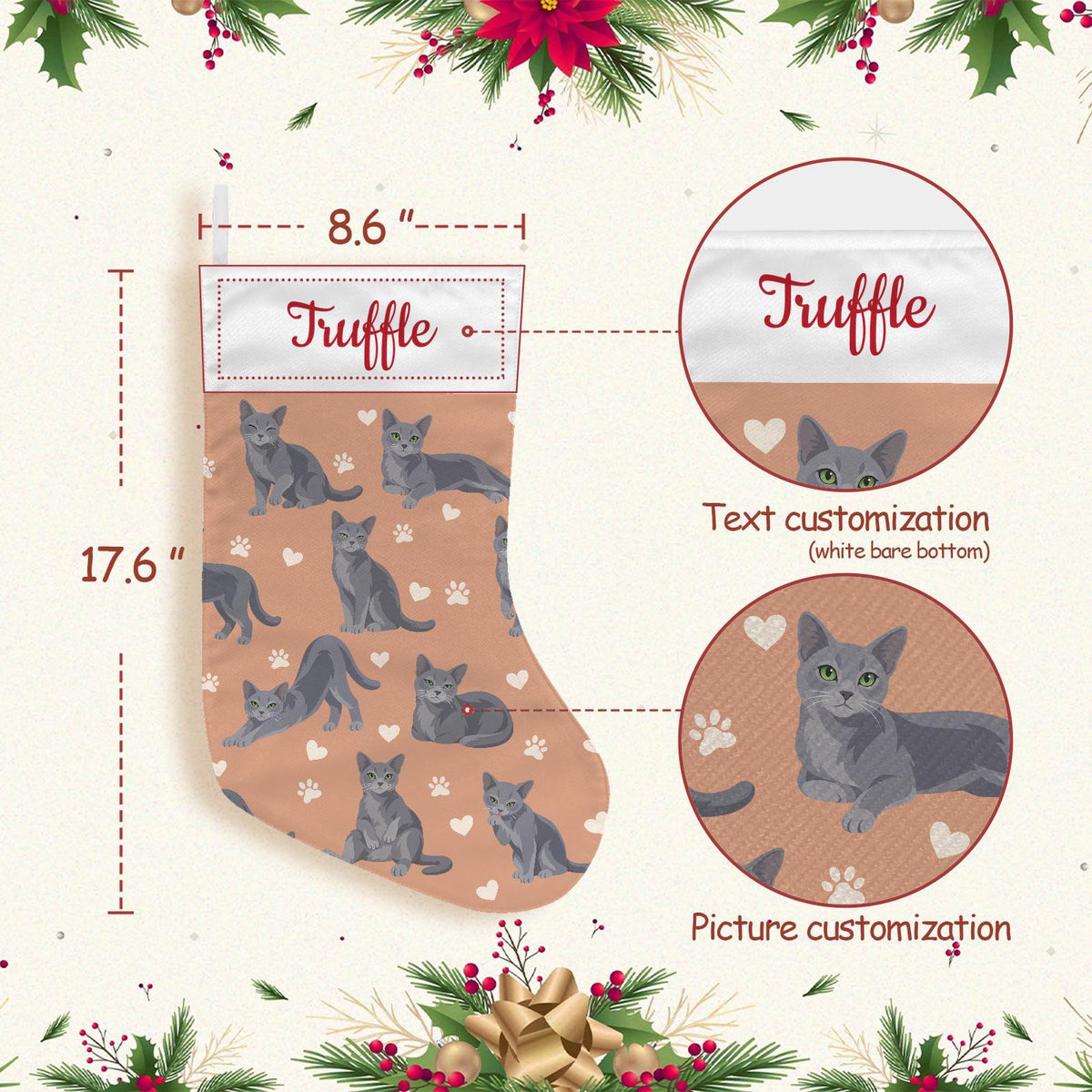 Russian Blue Christmas stocking on peach background with example name Truffle in red script on the white cuff; view 4.