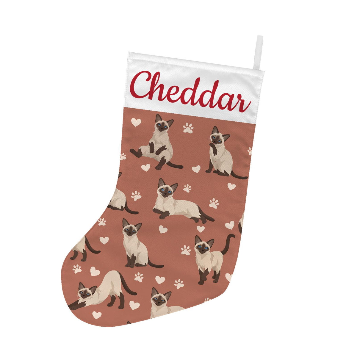 Siamese Christmas stocking on muted terracotta background with example name Cheddar in red script on the white cuff; view 2.