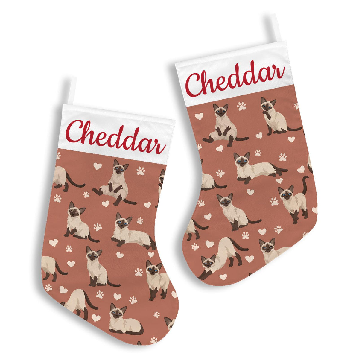Siamese Christmas stocking on muted terracotta background with example name Cheddar in red script on the white cuff; view 3.