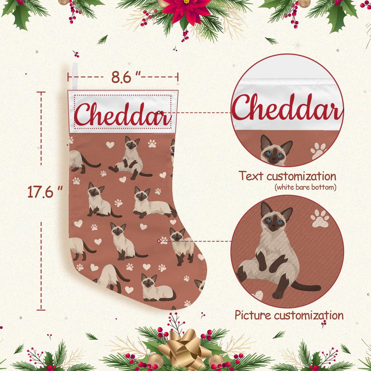Siamese Christmas stocking on muted terracotta background with example name Cheddar in red script on the white cuff; view 4.