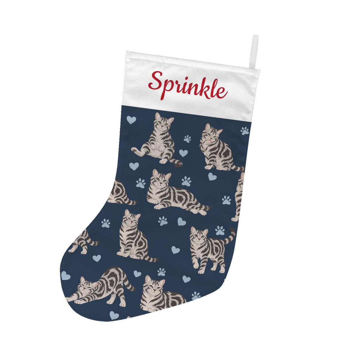 American Shorthair Christmas stocking on deep navy background with example name Sprinkle in red script on the white cuff; view 2.