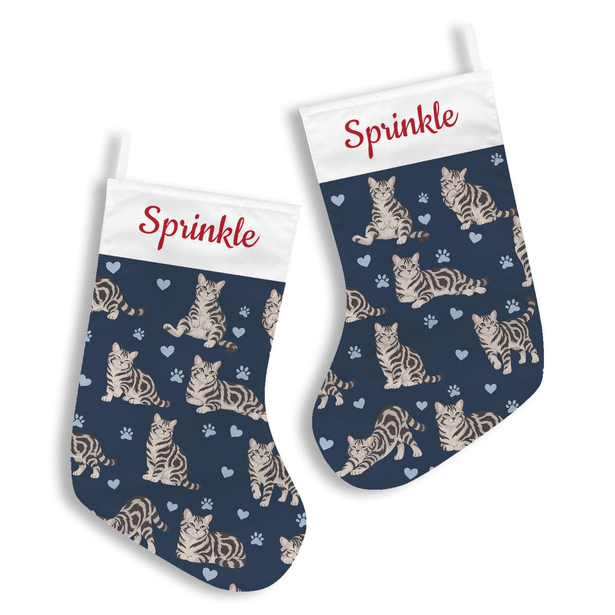 American Shorthair Christmas stocking on deep navy background with example name Sprinkle in red script on the white cuff; view 3.