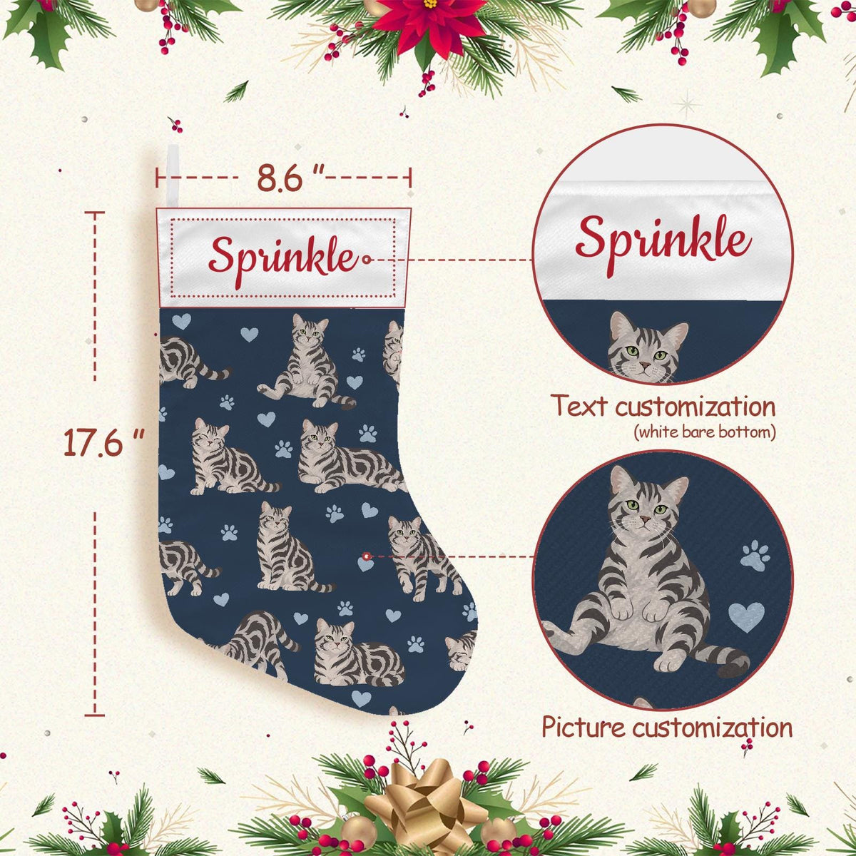 American Shorthair Christmas stocking on deep navy background with example name Sprinkle in red script on the white cuff; view 4.