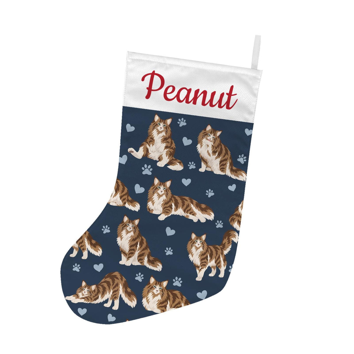 Norwegian Forest Cat Christmas stocking on deep navy background with example name Peanut in red script on the white cuff; view 2.