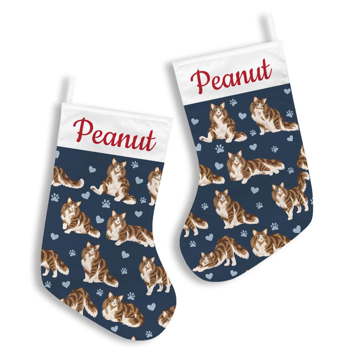 Norwegian Forest Cat Christmas stocking on deep navy background with example name Peanut in red script on the white cuff; view 3.