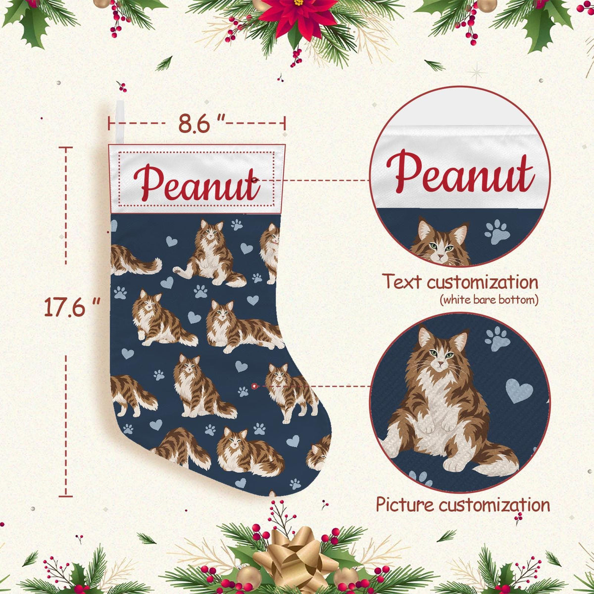 Norwegian Forest Cat Christmas stocking on deep navy background with example name Peanut in red script on the white cuff; view 4.