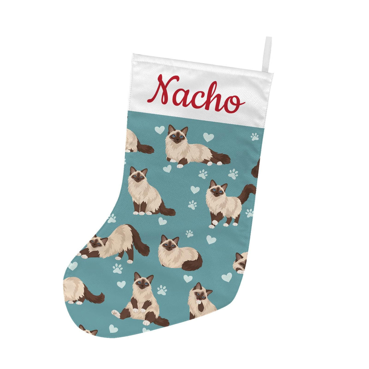 Birman Christmas stocking on muted teal background with example name Nacho in red script on the white cuff; view 2.