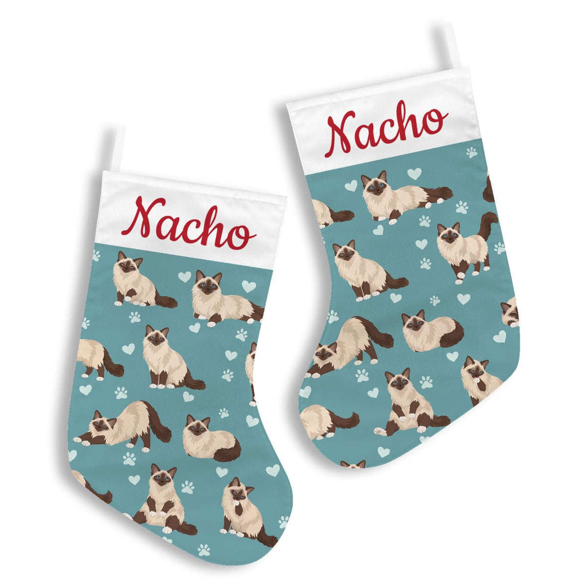 Birman Christmas stocking on muted teal background with example name Nacho in red script on the white cuff; view 3.