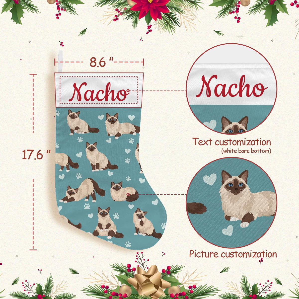 Birman Christmas stocking on muted teal background with example name Nacho in red script on the white cuff; view 4.
