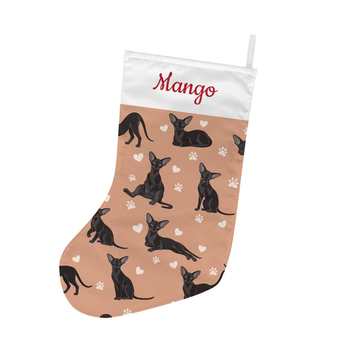 Oriental Christmas stocking on peach background with example name Mango in red script on the white cuff; view 2.