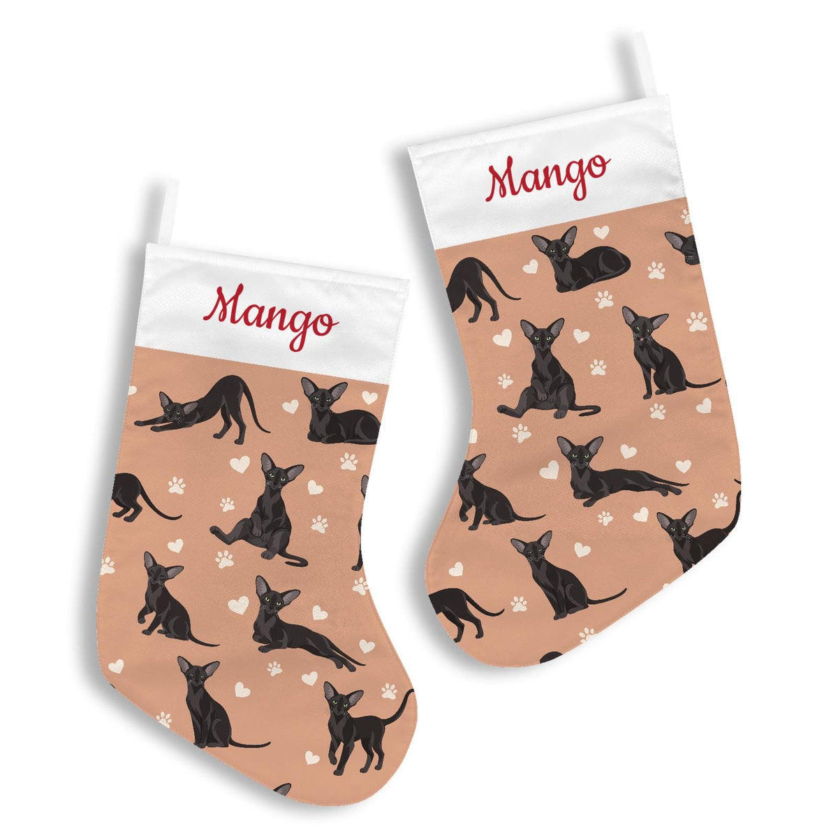 Oriental Christmas stocking on peach background with example name Mango in red script on the white cuff; view 3.