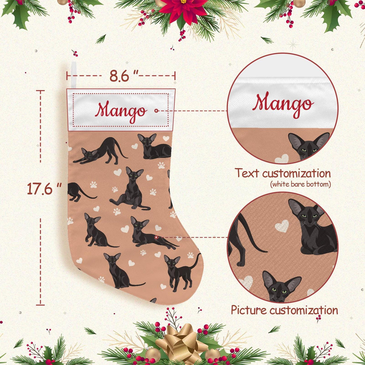 Oriental Christmas stocking on peach background with example name Mango in red script on the white cuff; view 4.
