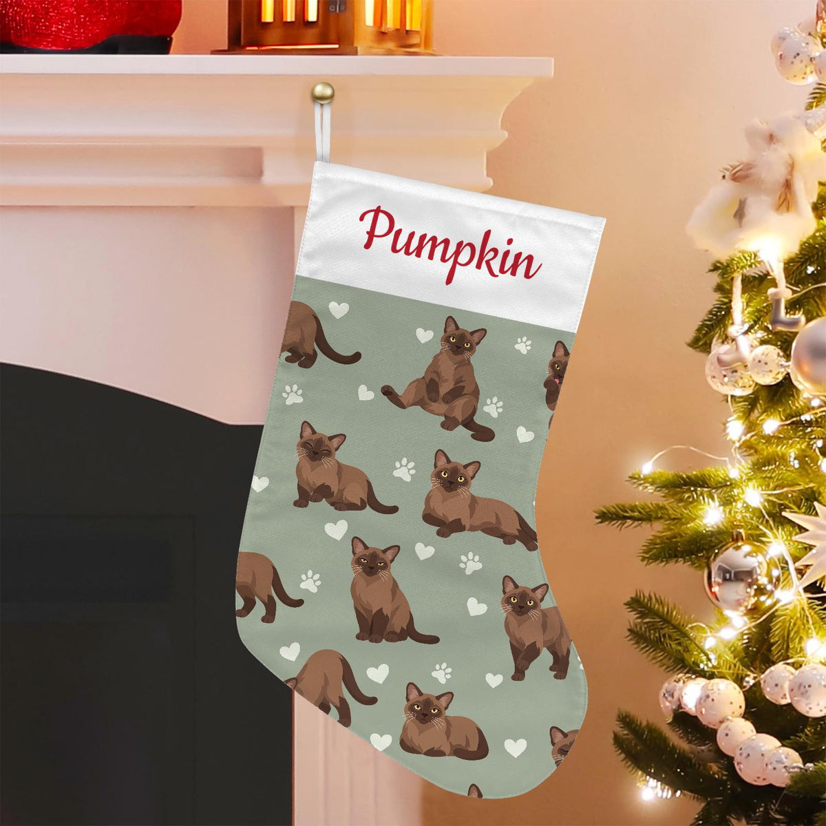 Burmese Christmas stocking on soft sage background with example name Pumpkin in red script on the white cuff; view 1.