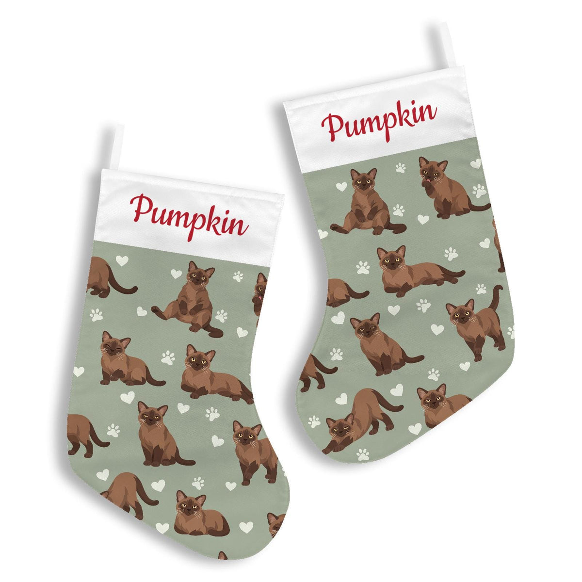 Burmese Christmas stocking on soft sage background with example name Pumpkin in red script on the white cuff; view 3.