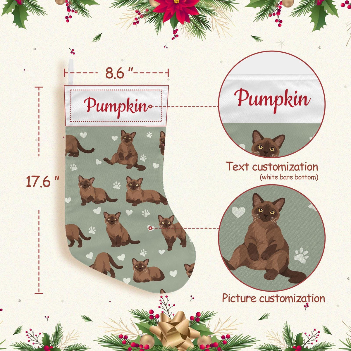 Burmese Christmas stocking on soft sage background with example name Pumpkin in red script on the white cuff; view 4.