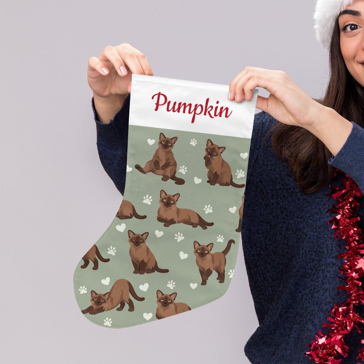 Burmese Christmas stocking on soft sage background with example name Pumpkin in red script on the white cuff; view 5.