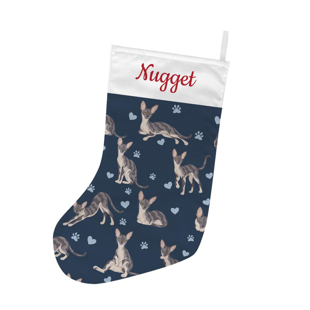Cornish Rex Christmas stocking on deep navy background with example name Nugget in red script on the white cuff; view 2.