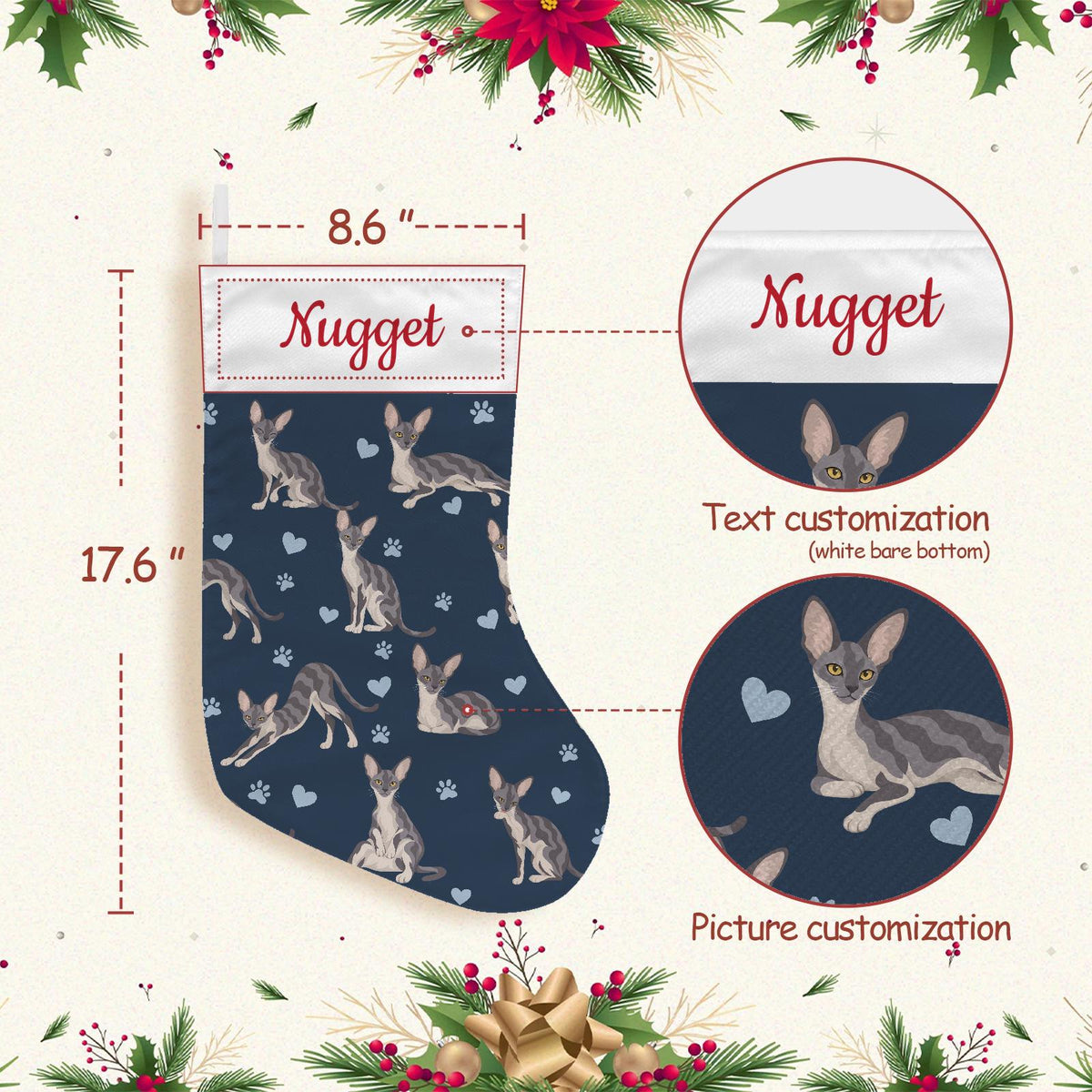 Cornish Rex Christmas stocking on deep navy background with example name Nugget in red script on the white cuff; view 4.