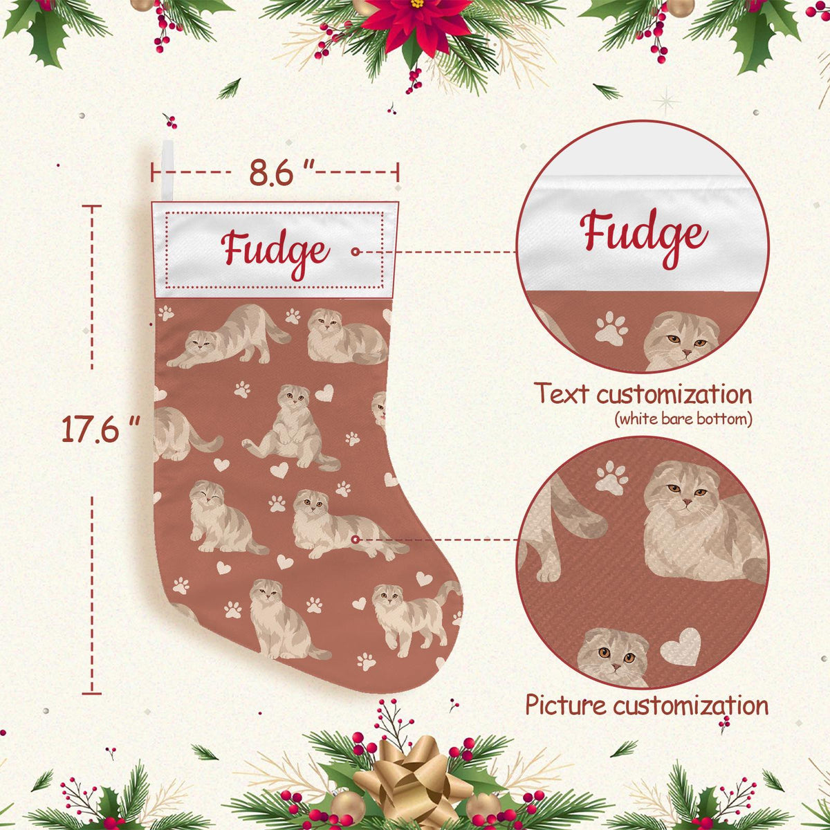 Scottish Fold Christmas stocking on muted terracotta background with example name Fudge in red script on the white cuff; view 4.