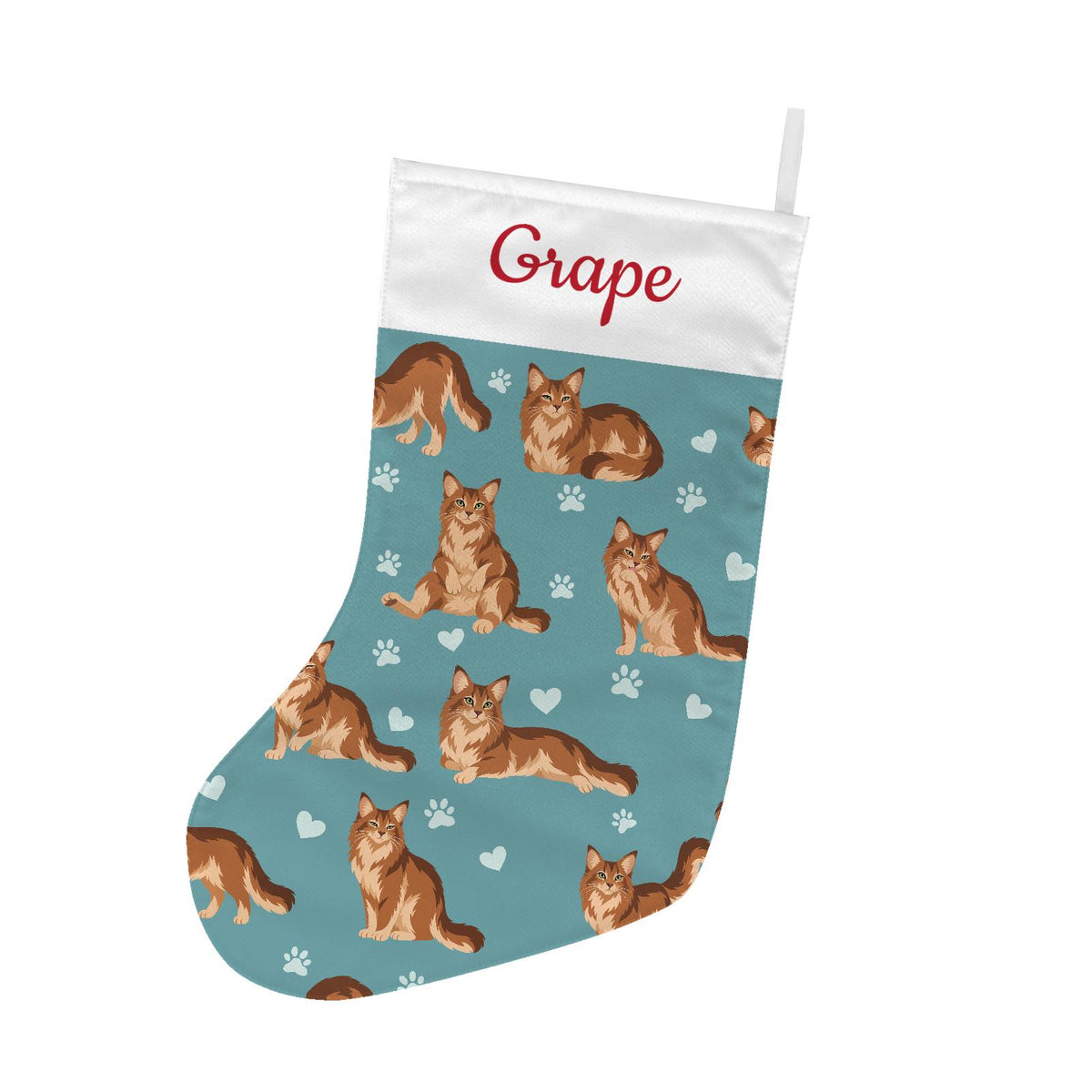 Somali Christmas stocking on muted teal background with example name Grape in red script on the white cuff; view 2.