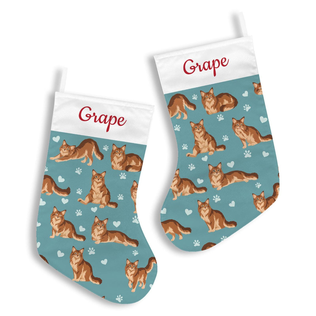 Somali Christmas stocking on muted teal background with example name Grape in red script on the white cuff; view 3.