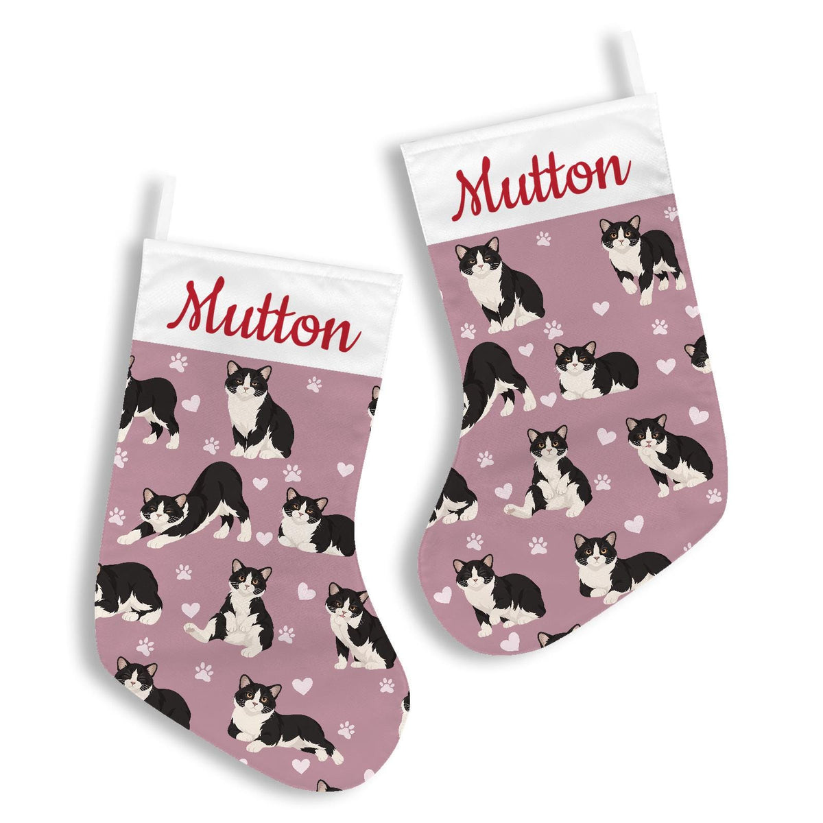 Manx Christmas stocking on dusty rose background with example name Mutton in red script on the white cuff; view 3.