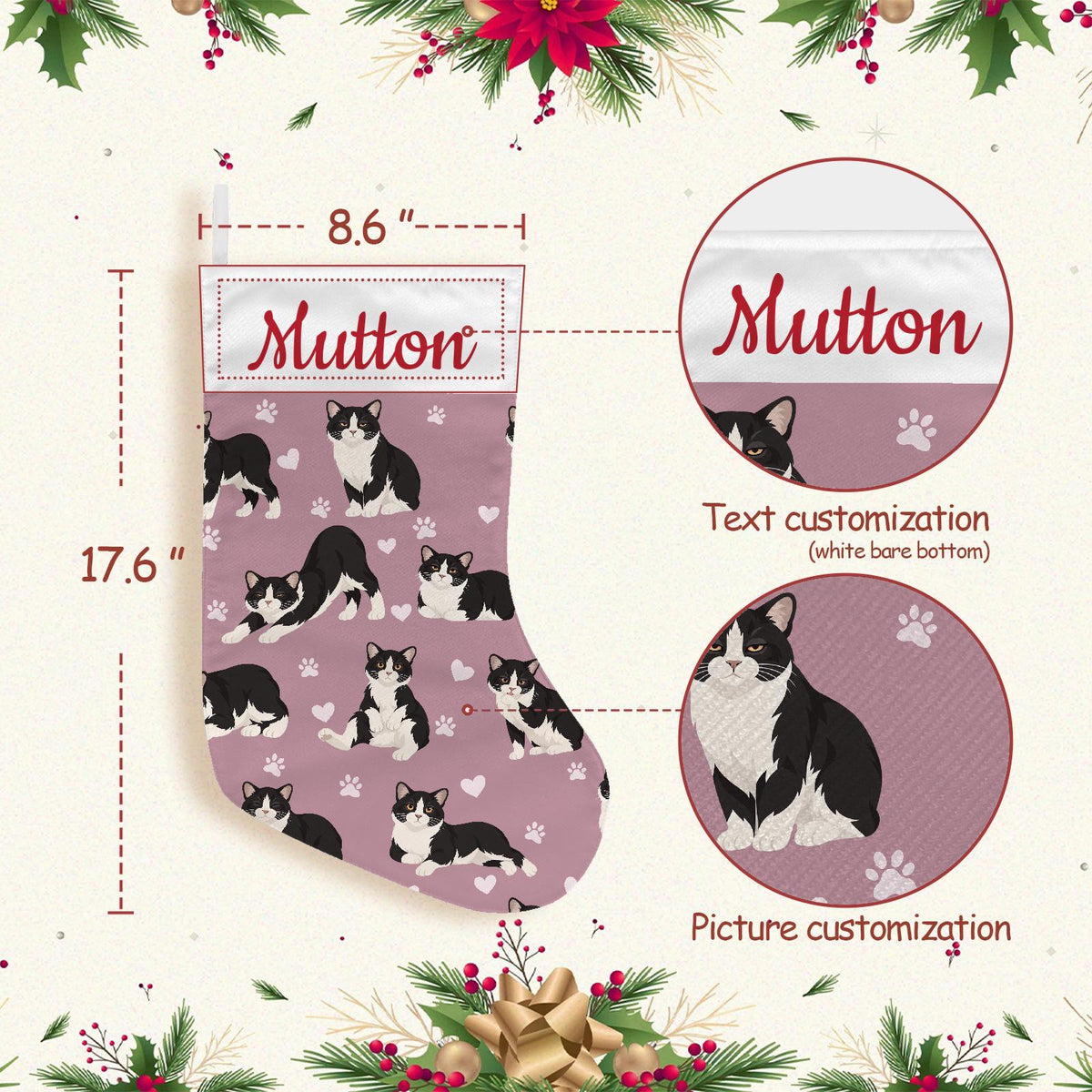 Manx Christmas stocking on dusty rose background with example name Mutton in red script on the white cuff; view 4.